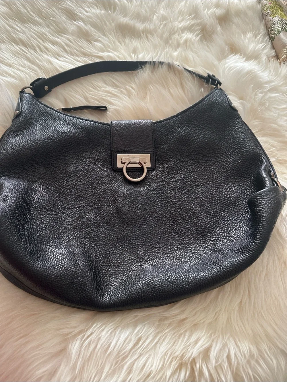 Salvatore Ferragamo Black Pebbled Leather Shoulder Bag with Silver Hardware
